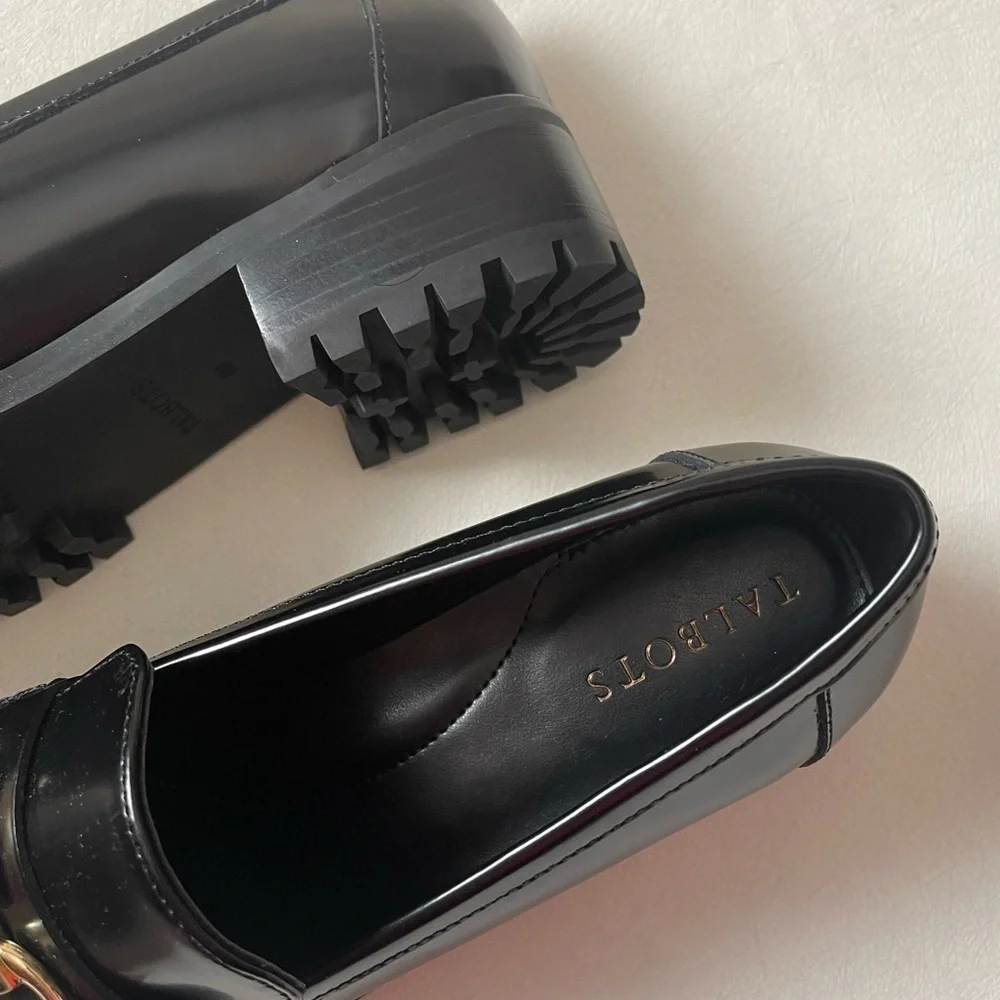 Talbots Gianna Chunky Black Leather Loafers with Gold Buckle Size 8M 2 inch Heel - Picture 3 of 7
